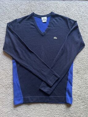 Lacoste Men's Navy V-Neck Sweater with Blue Side Panels and Contrast V